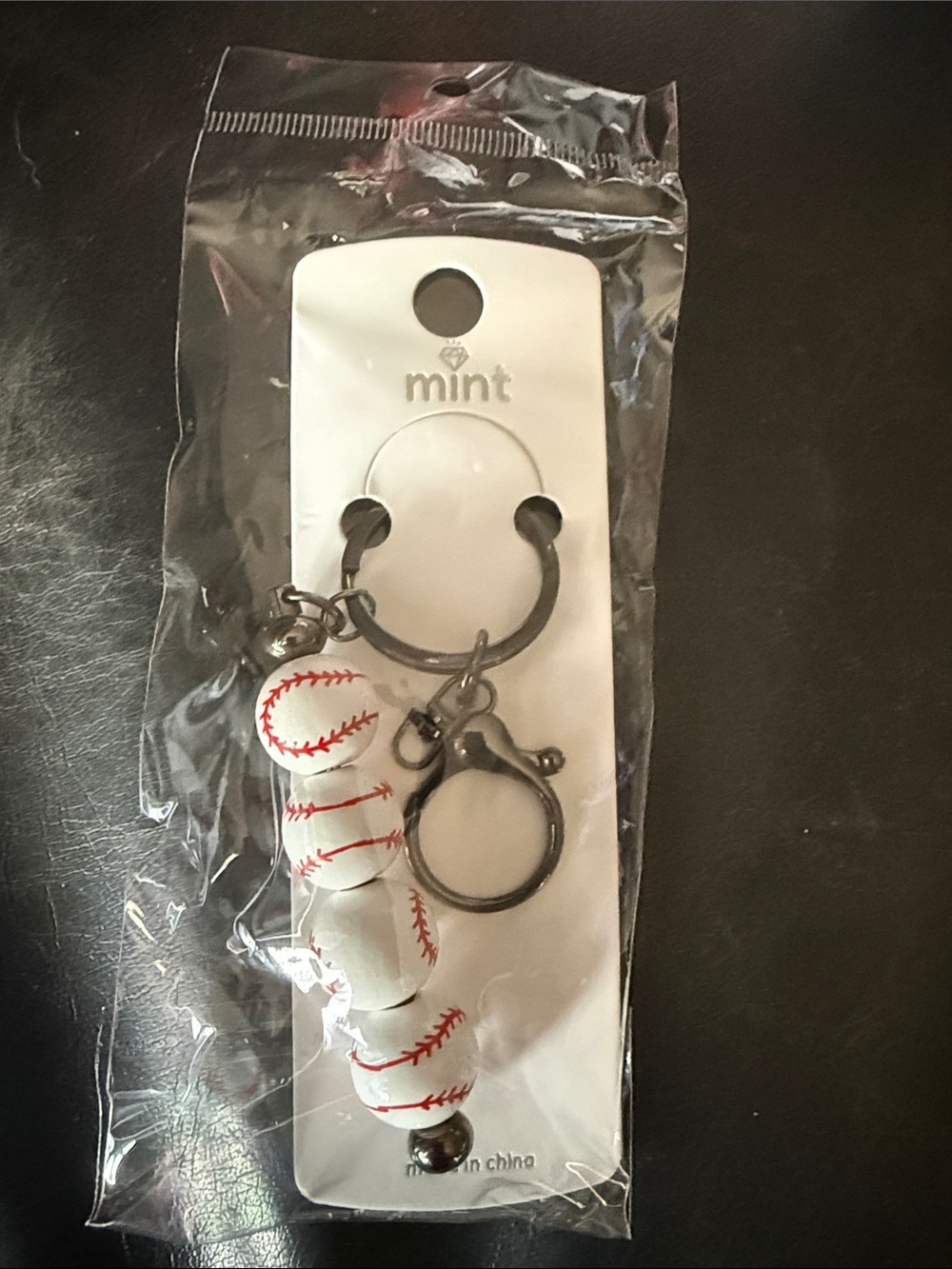 New Mint White Baseball Charm Key & Card Holder Charm with Red Stitching
